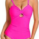 Ormark Women One Piece Swimsuit Tummy Control Front Cutout Bathing Suits Adjustable Strap Ruched Beach Swimwear Hot Pink L