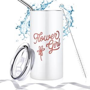 Yungyan Flower Girl Gift Cup Flower Girl Tumbler Water Bottle with Straw, Cleaning Brush, Ribbon for Wedding Proposal Valentine Party Gift from Bride(White,1 Set)