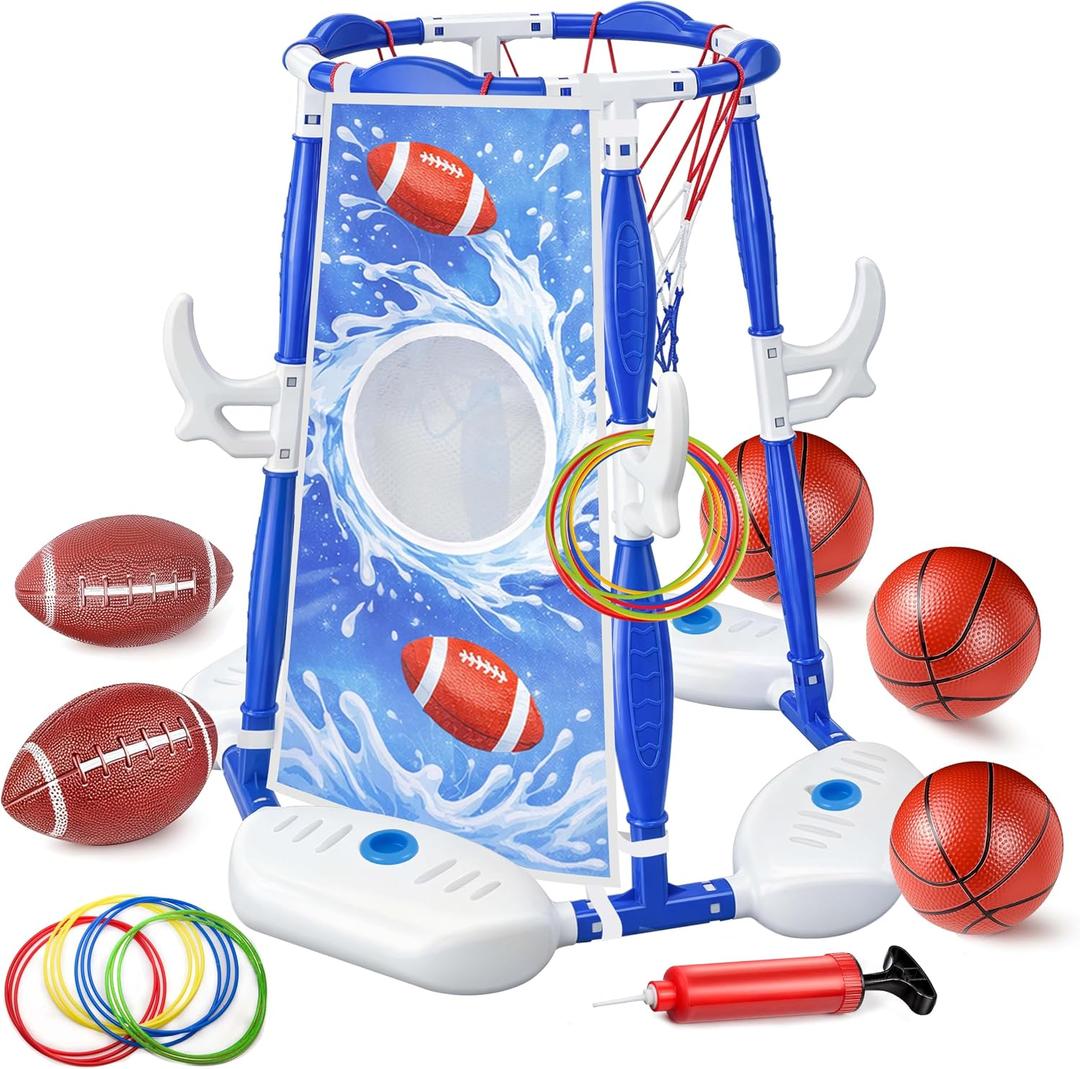 Pool Basketball Hoop, 3-in-1 Floating Basketball Hoop & Football Ring Games with 5 Balls 12 Rings and Pump, Outdoor Family Party Water Swimming Pool Basketball Toys for Kids Ages 4-8 8-12