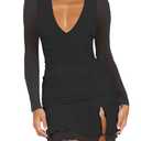 Mizoci Women's Sexy Long Sleeve Deep V Neck Mini Dress Ruched Ruffle Slit Bodycon Party Short Dresses, Small, Black