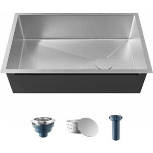 30 Inch Undermount Kitchen Sink 18 Gauge 304 Stainless Steel Single Bowl Sinks Handmade Modern Sink for Kitchen with Drain Assembly, 30"x18"x9"
