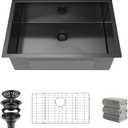 Kitchen Sink 27x18 Inch Undermount Kitchen Sink Gunmetal Black 16 Gauge Stainless Steel Single Bowl with Accessories Round Corners Handmade
