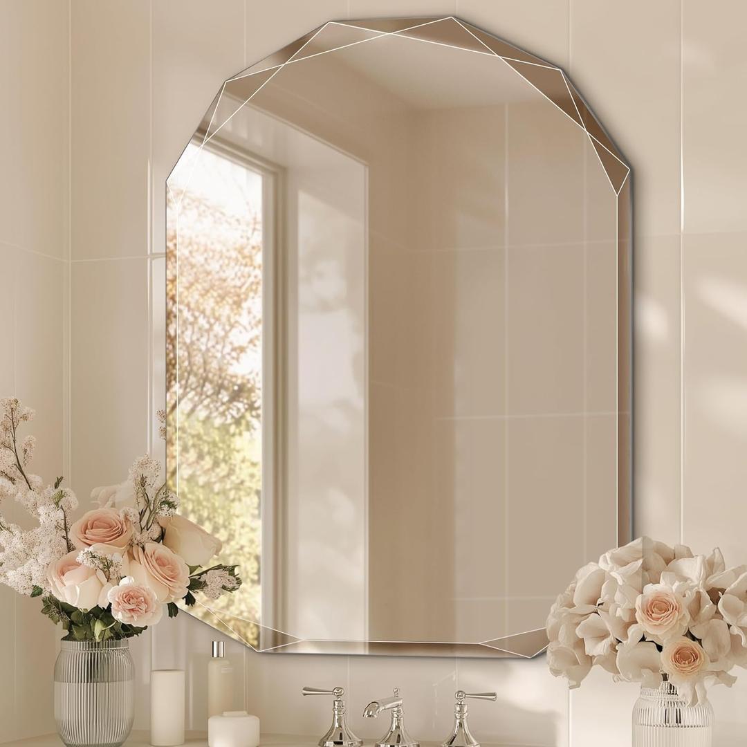 Wall Mounted Bathroom Vanity Mirror, 30"x40" Single Beveled Edge Frameless Arched Mirror, Large Bathroom Mirror, Arched Top Mirror for Over Sink Wall, Living Room, Entryway, Vanity (Nature)