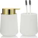 White and Gold Bathroom Accessories 2 Piece Set Plastic Soap Dispenser and Toothbrush Holder for Modern Bathroom Decor