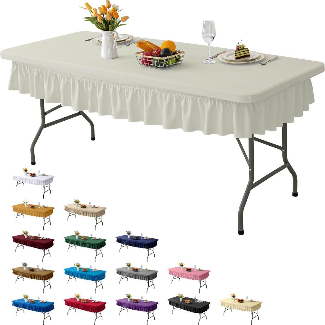8ft Ivory Stretch Tablecloth for Rectangular Tables - Flared Wrap Design, Waterproof, Wrinkle-Resistant, Washable - Ideal for Weddings, Parties, Banquets & Table Protection (96" x 30" (Rectangular))