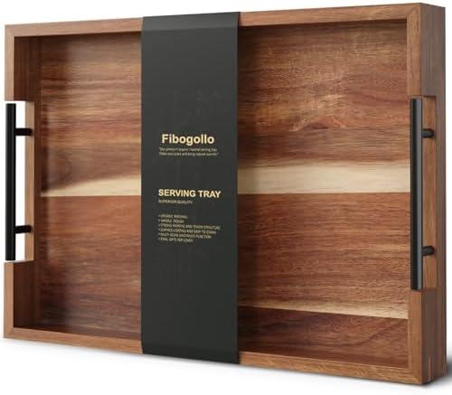 Fibogollo Acacia Wood Serving Tray with Metal Handles,17x12in Ottoman Decorative Trays Platter for Coffee Table,Living Room,Bar,Party(Large)