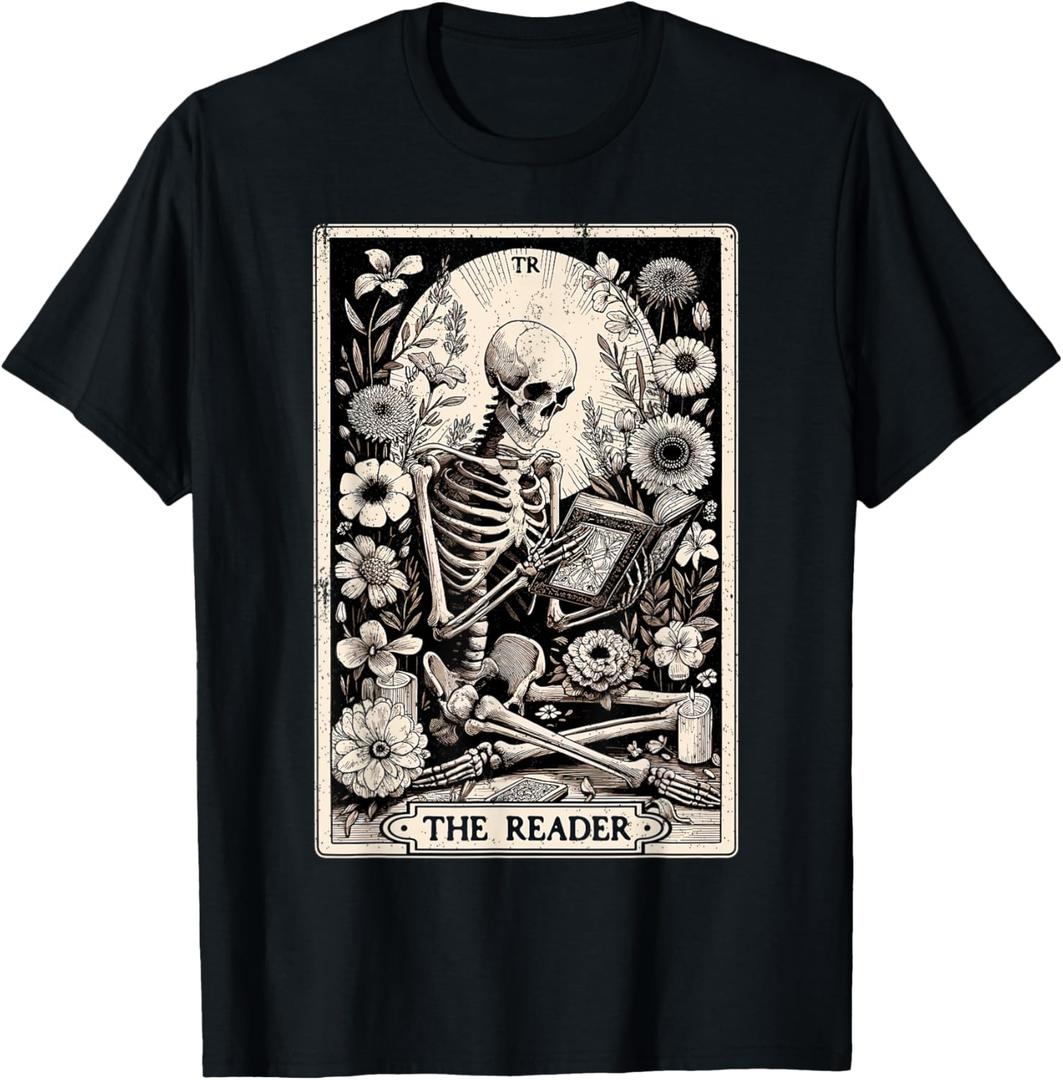 The Reader Tarot Card Funny Book Lover Skeleton Reading Book T-Shirt L