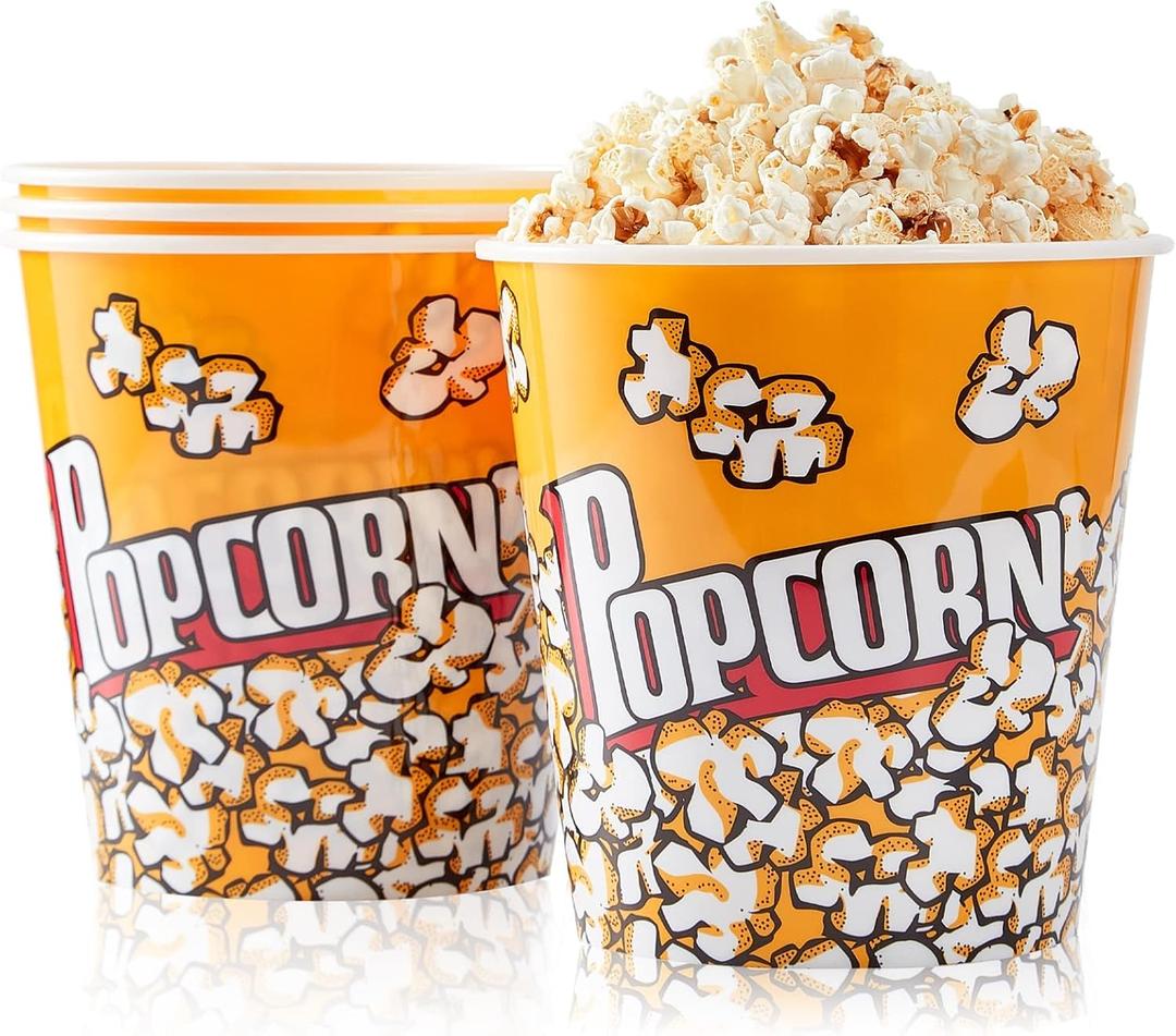Plastic Popcorn Containers Retro Style Reusable Popcorn Buckets for Movie Night 7.1x7.1x5.1 - 4 Pack