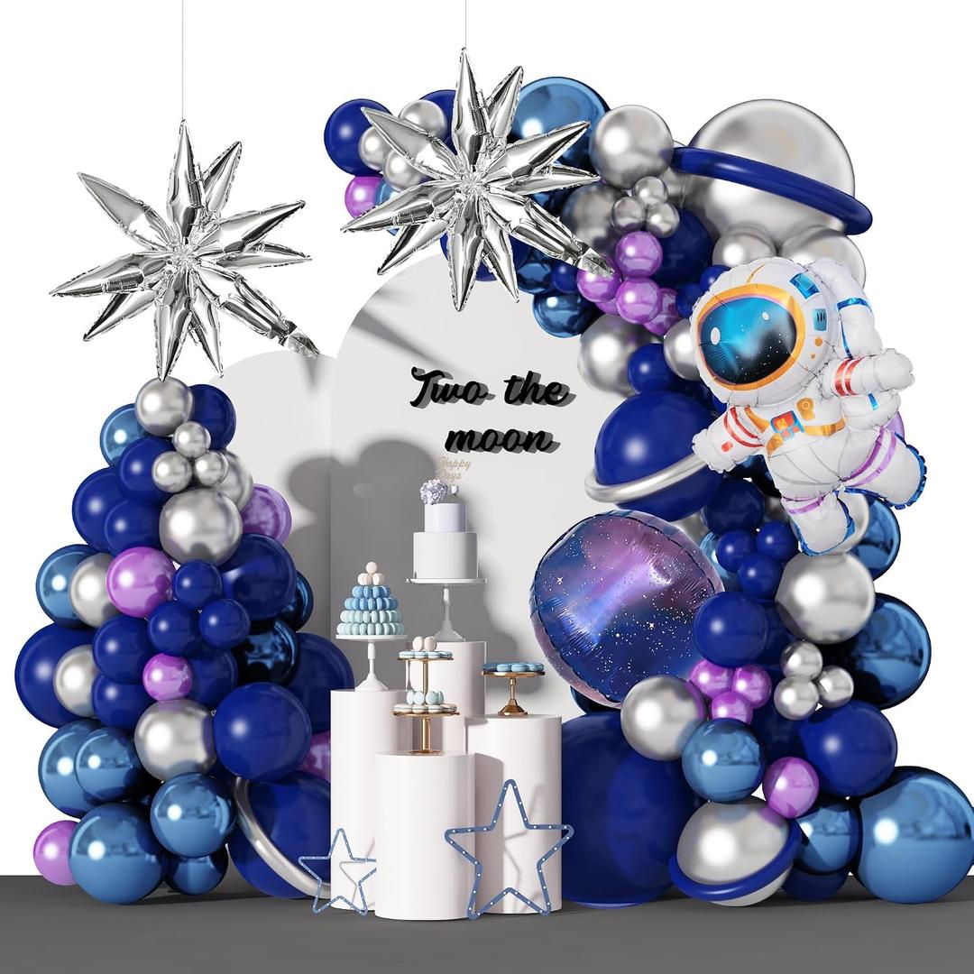 Amandir139pcs Space Balloon Garland Arch Kit Outer Space Birthday Decorations with Blue Purple Silver Galaxy Astronaut Foil Balloons for Boys Themed Birthday Party Decoration Supplies