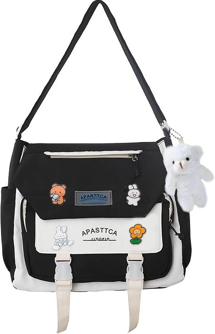 Cute Messenger Bag for Teen Girls Women, Kawaii Crossbody Shoulder Purse with Pins and Stuffed Pendant Gift (Medium, Black)