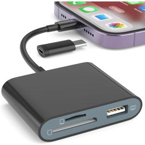 SD Card Reader for iPhone, Memory Card Reader with USB-C to Light-ning Adapter Plug and Play Trail Game Camera Micro SD Card Viewer Support SD/TF Card and USB for iPad No App Required (Black)