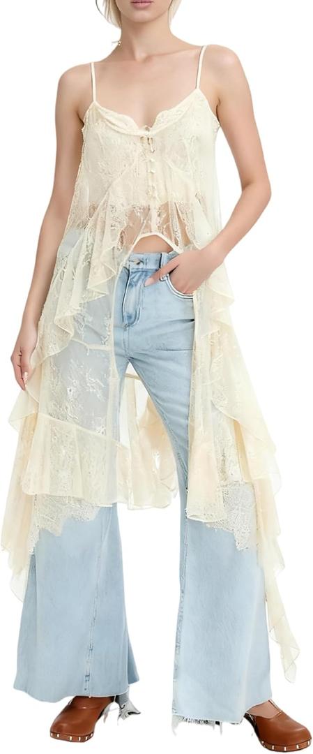 Women Boho Lace Flowy Top Spaghetti Strap Sheer See Through Long Cami High Low Ruffle Layering Crop Tops (Small, Bohemian Beige)