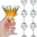 FoldTier Christmas Martini Glass Set of 6 Christmas Glass Drinkware Themed Beverage Drinking Glasses Holiday Cocktail Cup with Red & Green Holly Leaf for Xmas Holiday Party