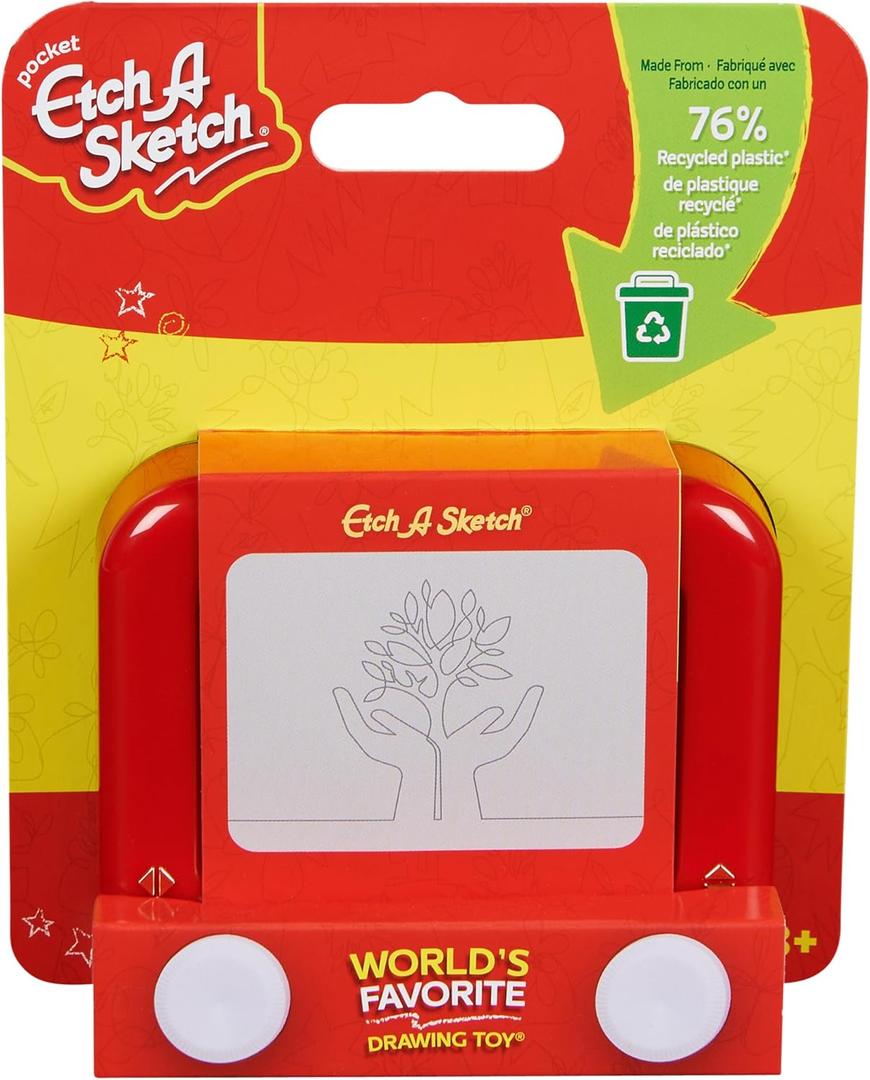 Etch A Sketch Pocket, 76% Recycled Plastic, Original Magic Screen, Sustainably-Minded Kids Travel Toy, Drawing Toys for Boys & Girls Ages 3+ Etch A Sketch Pocket, 76% Recycled Plastic, Original Magic Screen, Sustainably-Minded Kids Travel Toy, Drawing Toys for Boys & Girls Ages 3+