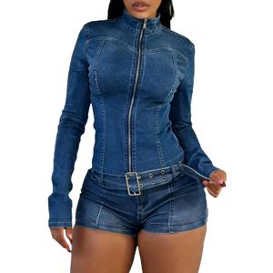 Molilove Women's Two Piece Set Denim Outfits Long Sleeve Zip Up Cropped Jean Jacket Bodycon Shorts Sets with Belt Y2K Outfits, Large