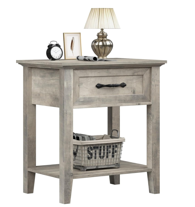IDEALHOUSE Grey Nightstand, End Table with Drawer, Side Table for Spaces, 2 Tiers Storage Shelves with Dresser, Bedside Table for Living Room, Bedroom, Dorm (Grey)