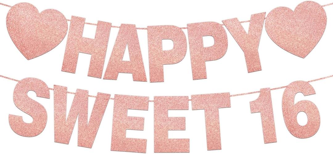 Happy Sweet 16 Banner for Party Decorations Sweet 16th Party Birthday Decorations for Girls Pre-Strung Rose Pink Glitter Sweet Banner