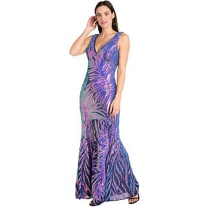 R&M Richards Women's Sequin Feather Pattern Fitted Dress W/V-Neckline & Godet Skirt | Evening Party Cocktail Wedding Guest (Navy/Violet) 18Plus