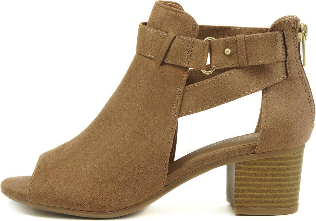 CITYCLASSIFIED Invest ~ Women's Cutout Side Strap Mid Black Chunky Heel Fashion Ankle Bootie (6, Tan)