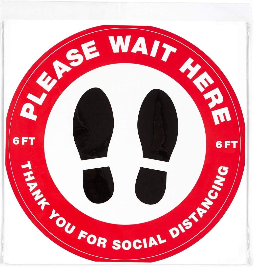 3 x Avery"Please Wait Here" Red Social Distancing Floor Decals, 10.5" Diameter, 5 Removable Decals (83090)
