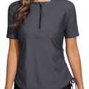 Halcurt Women's Half Zip Short Sleeve Rash Guard Swimsuit Top Ruched Swim Shirt UPF50+ Quick Dry Bathing Suit (XX-Large, Grey)