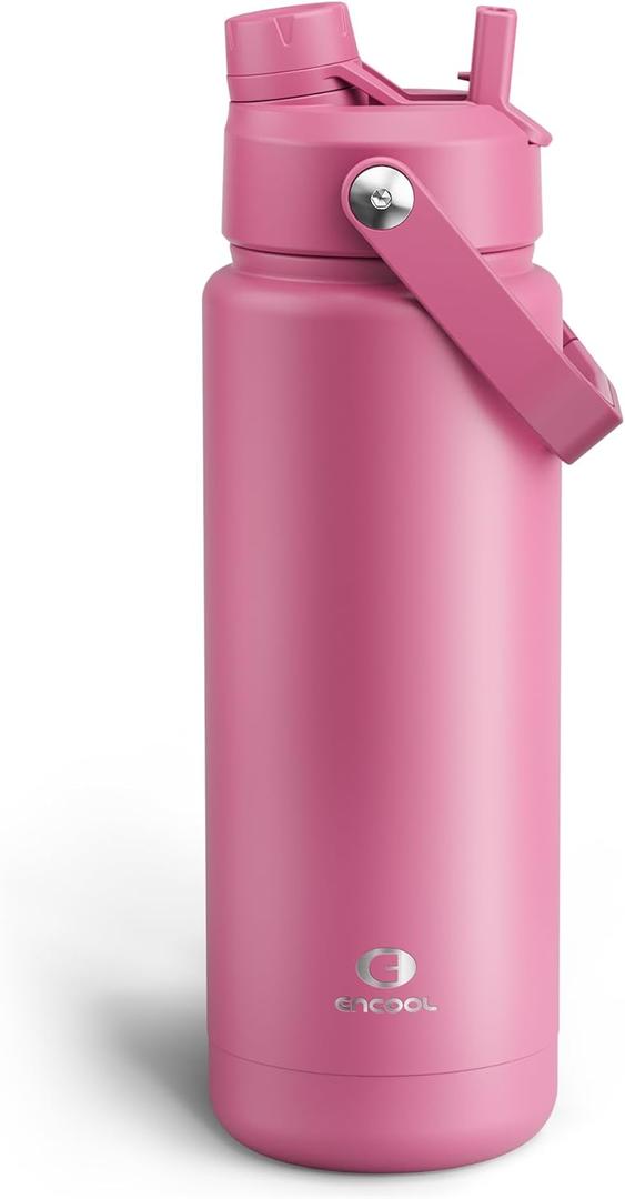 ENCOOL Insulated Water Bottle with Straw Stainless Steel Water Bottle, Leak-Proof, BPA-Free, Double Wall Vacuum Keeps Cold for 24 Hours for Sports, Travel, School (32 oz, Turkish Rose)
