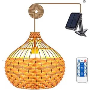 Solar Chandelier Outdoor Pendant Lights, Outdoor Rattan Solar Hanging Porch Light Lanterns with Remote Dimmable Outdoor Chandelier Lights for Gazebo Porch Patio 12.6"
