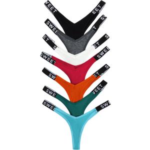 Verdusa Women's 7Pcs G String Thongs Cheeky Low Rise Letter Print Tape Underwear Pack Panties Briefs (S)