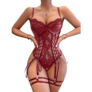 Lilosy Sexy Lace Up Floral Garter Underwire Teddy Bodysuit Lingerie Belt Women Top One Piece M