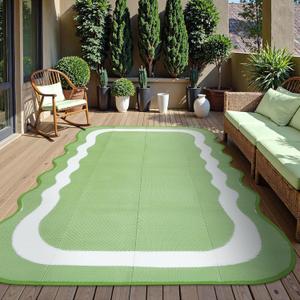 Uphome Outdoor Rug Waterproof 8x10, Large Reversible Green Scalloped Patio Plastic Straw Rugs, Foldable Modern RV Camping Outside Carpet Mat for Pool Back Yard Deck Picnic, 8 x 10 ft