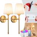 Battery Operated Wall Sconce Set Of Two with Remote Control, Indoor Not Hardwired Dimmable Battery Operated Wall Sconce Light Fixture with Fabric Linen Shade For Bedroom Living Room, Bulb Included ( C