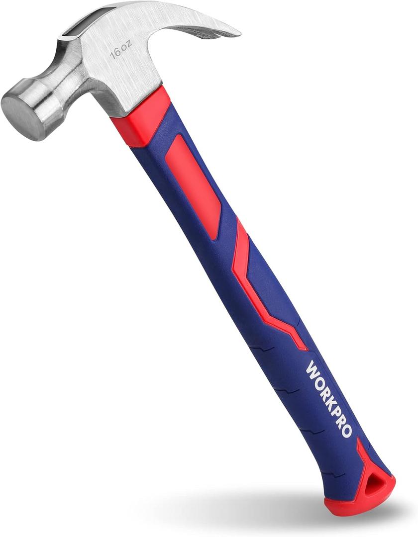 WORKPRO 16 oz Claw Hammer with Fiberglass Handle, All Purpose Hammer with Forged Hardened Steel Head (Blue)