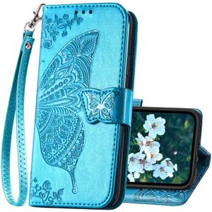 Compatible with iPhone 14 Wallet Case for Women,Flip Folio Butterfly Embossed PU Leather Card Holder Slots Stand with Wrist Strap Protective Phone Cover for iPhone 14 6.1 Inch (Blue)