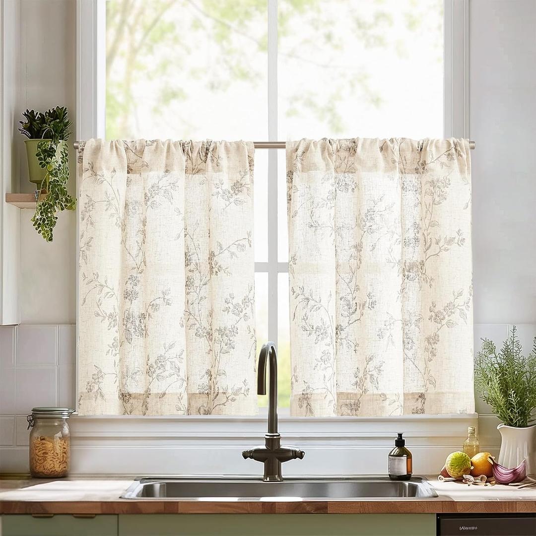 jinchan Gray Floral Kitchen Curtains 30 Inch Linen Tier Curtains Farmhouse Cafe Half Window Drapes Over Sink Light Filtering Grey on Beige for Living Room Laundry RV Rod Pocket 2 Panels