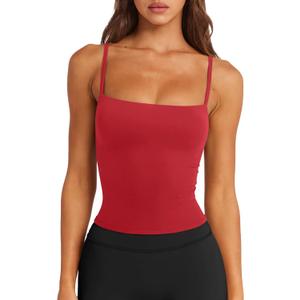 LASLULU Sports Bras for Women Square Neck Padded Adjustable Spaghetti Strap Backless Sleeveless Workout Long Tank Tops (Red, L)