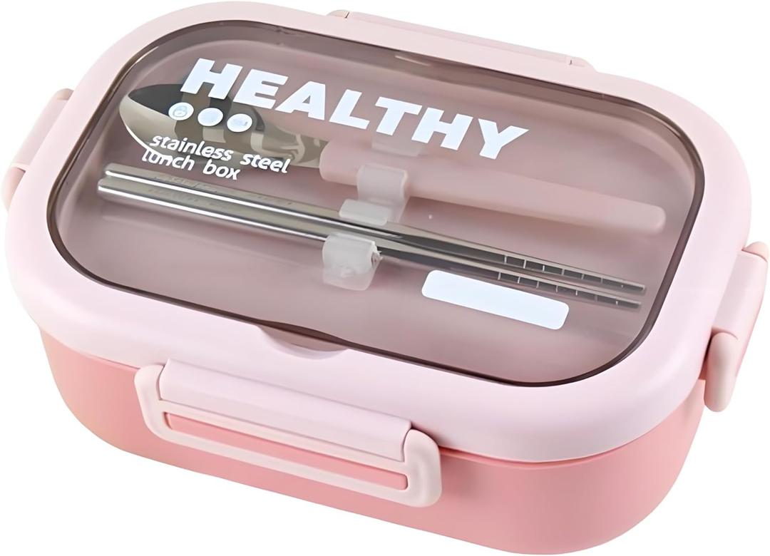 Stainless Steel Lunch Box, 2 Compartment Bento Box for Adults, Easy to Clean, Leak-Proof Design, Food Storage Container with Tableware for Family, Work, Picnics and Travel(850ml, Pink)