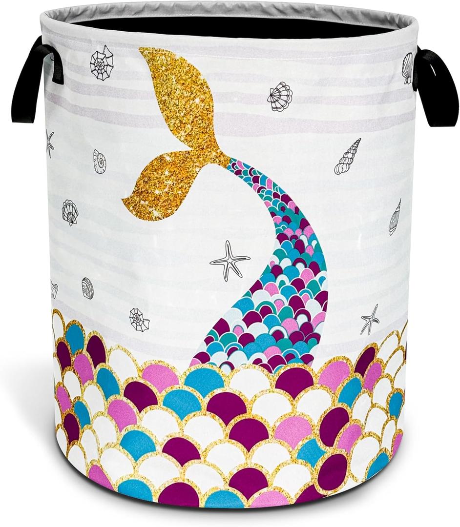 Mermaid Scales Tail Laundry Basket Foldable Oxford Cloth Funny Tote Bag Laundry Hamper Clothes Storage Bucket Organizer For Bathroom/Laundry Storage/Bedroom 18.9x16.5 Inch