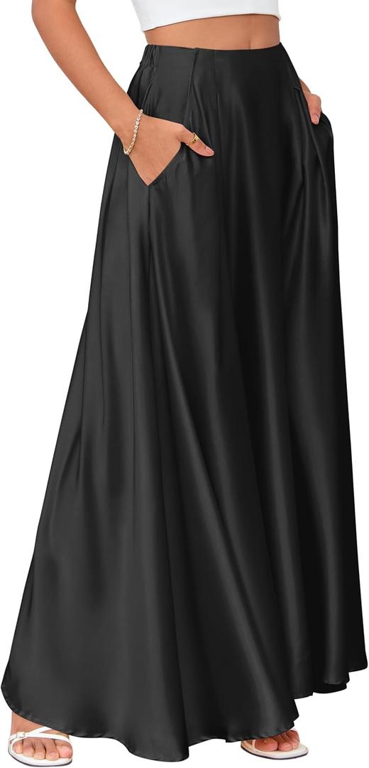 MAKABO Maxi Satin Skirts for Womens High Waisted Flowy Long A line Skirt Trendy for Office Holiday Party (Black, XL)