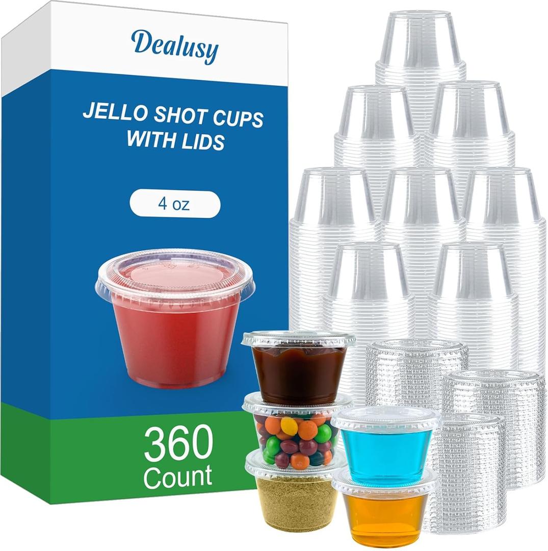 360 Set 4 oz Jello Shot Cups with Lids, Sturdy & Food Safe Disposable Plastic Portion Condiment Dipping Sauce Cups, Small Containers for Salad Dressing