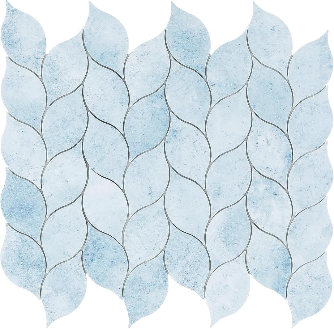 Tilingview 10-Sheet Peel and Stick Backsplash Tile for Kitchen, Self-Adhesive Mosaic Glossy Leaf Stick on Wall Tile with Gaps (Pastel Blue)