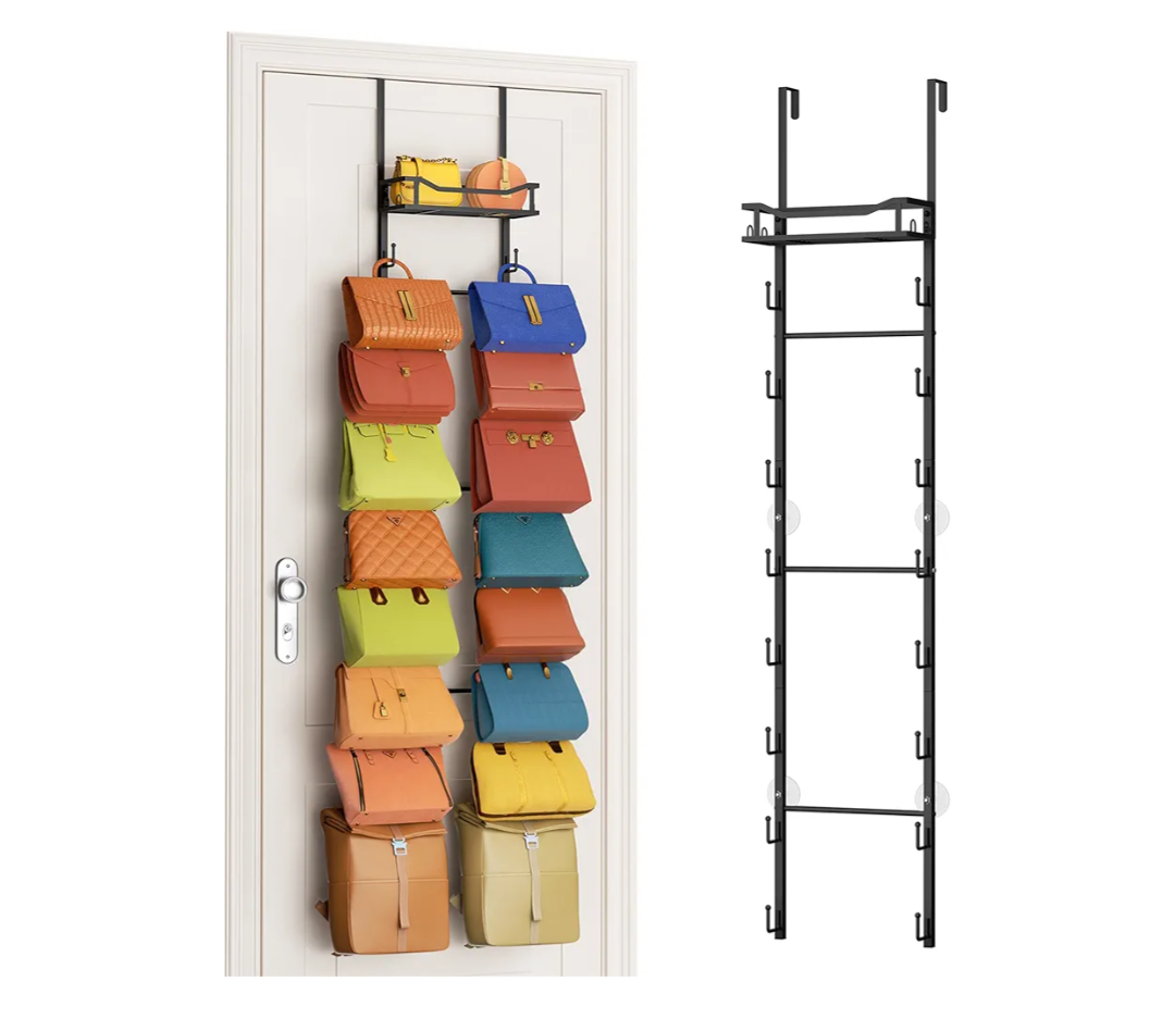 SWTYMIKI Over The Door Purse Organizer - Wall Mounted Purse Rack with 16 Hooks and Metal Basket, Hanging Handbag Storage Organizer Holds up to 16 Bags, Bag Rack Can Use As 1/2 Part, for Door, Closet