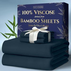 DECOLURE 100% Viscose Derived from Bamboo Sheets Full Size 4pcs - Ultra Soft & Luxuriously Cooling, 17" Deep Pocket, Double Stitching, Perfect for Hot Sleepers - Full Bed Sheets (Navy Blue)