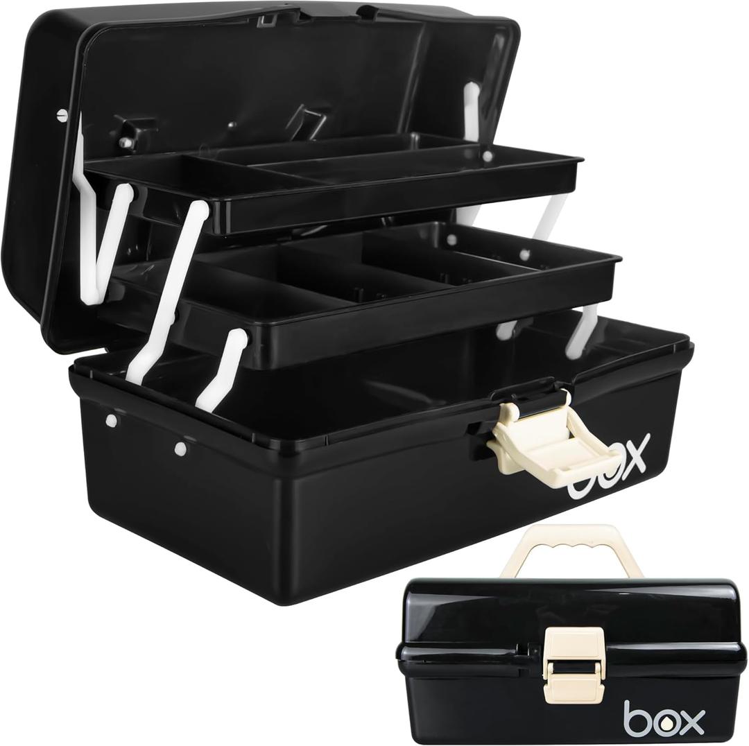 12in Three-Layer Multipurpose Storage Box Organizer Folding Tool Box/Art & Crafts Case/Sewing Supplies Organizer/Medicine Box/Family First Aid Box with 2 Trays (Black)