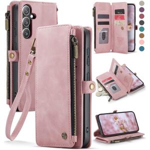 Defencase for Galaxy S25 Case Wallet with RFID Blocking Card Holder for Women Men, Elegant PU Leather Magnetic Snap Flip Wristlet Strap Zipper Wallet Phone Cases for Samsung Galaxy S25 5G 6.2", Pink