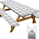 Picnic Table Cover with Bench Covers Camping Essentials Waterproof Windproof Camping Tablecloth with Drawstring Bag, Fitted Rectangle Tables and Seats, 96in, Grey Checkered