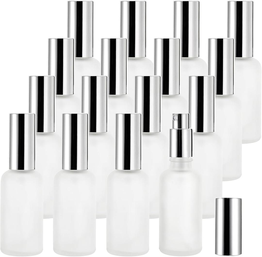 Bekith 16 Pack 50ml Glass Spray Bottles, Frosted Empty Perfume Atomizer, Refillable Fine Mist Spray for Essential Oils, Cleaning Products, Silver Sprayer