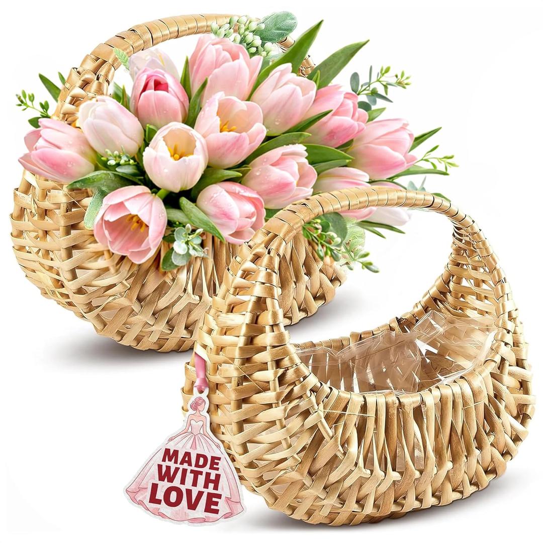 Small Flower Girl Basket Set of 2 - Small Wicker Basket with Handle and Waterproof Lining, 6.3 x 5.12 x 3.75 Inch - Rattan Design for Wedding Flower Petals, Candy, Gift Use, Storage and Home Decor