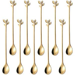 Pack of 2 AnSaw 10-Piece 7.4" Long Handle Teaspoons - Gold Leaf Design for Coffee & Tea Stirring Spoons, Elegant Stainless Steel Stir Spoons