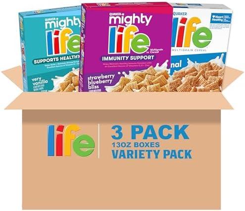 Quaker Mighty Life Multigrain Breakfast Cereal, 3 Flavor Variety Pack (3 Pack), Best By: Jan 19 26