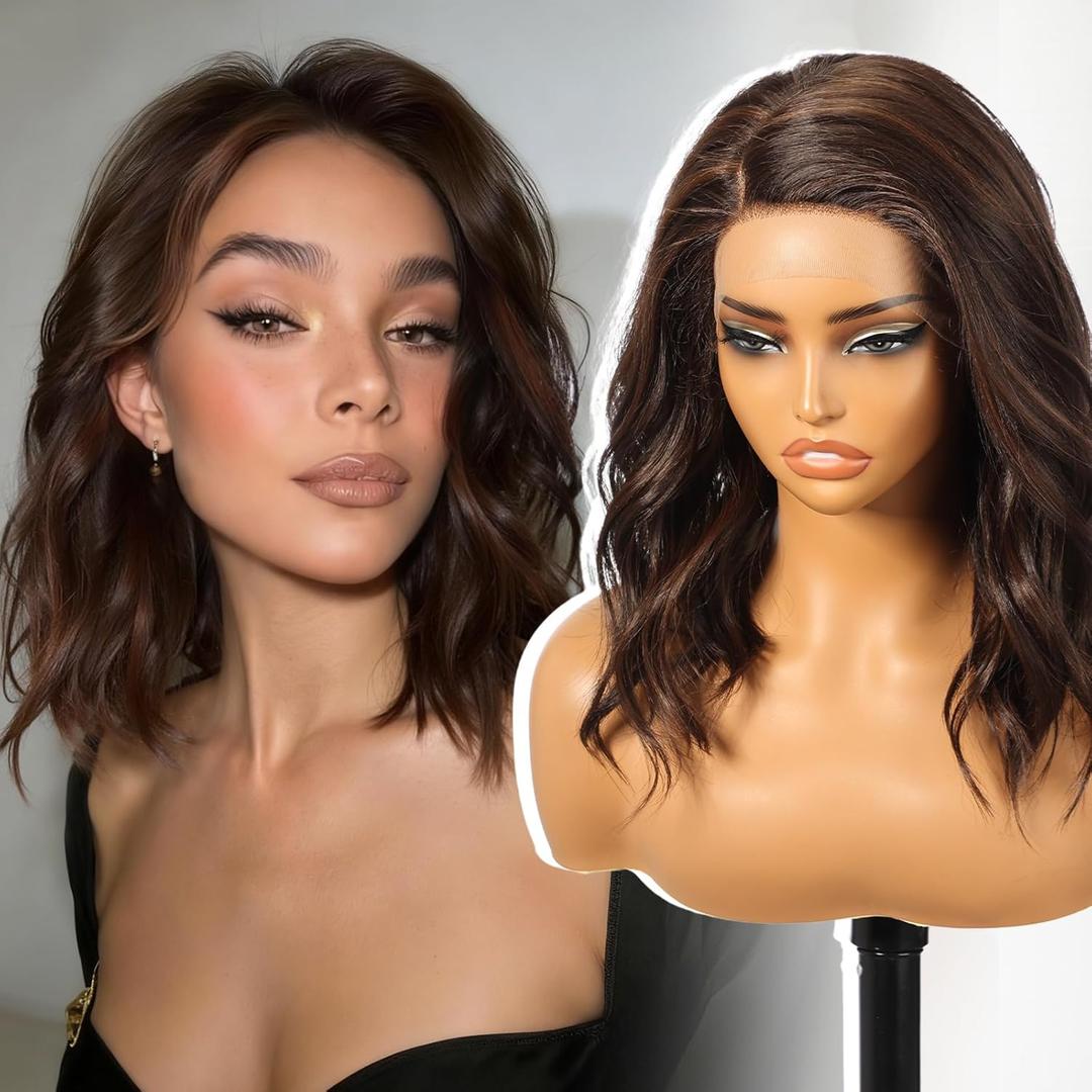 Dark Brown Synthetic Lace Front Wig,Side Part Short Curly Bob Wig,Shoulder Length Wig for Women Daily Use 16IN